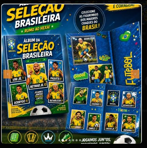 Capa e páginas do álbum de figurinhas com tema Copa e Seleção Brasileira