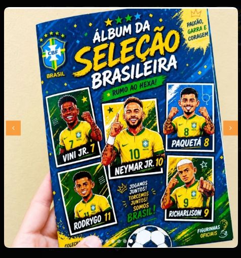 Álbum da Seleção Brasileira impresso com figurinhas para recortar e colar